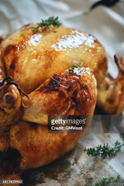 roasted chicken with root vegetables - roasted chicken stock pictures, royalty-free photos & images