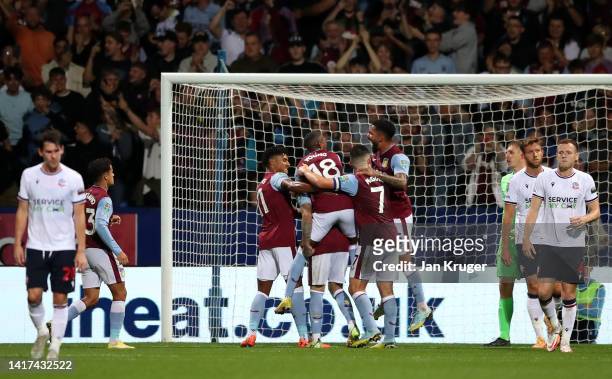 Danny Ings of Aston Villa celebrates scoring his teams 2nd goal during the Carabao Cup Second Round match between Bolton Wanderers and Aston Villa at...