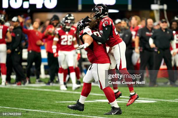 Tyeler Davison of the Atlanta Falcons celebrates after recovering a fumble during an NFL football game against the Carolina Panthers, Sunday, Dec. 8...