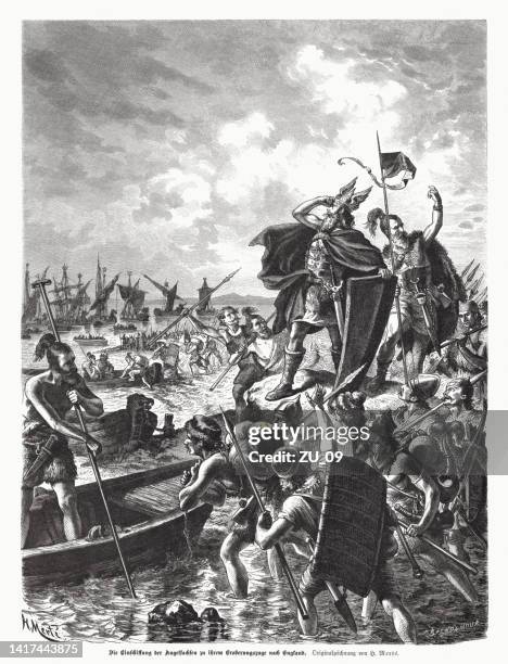 stockillustraties, clipart, cartoons en iconen met anglo-saxons at their conquest of england, wood engraving, published in 1885 - angelsaksisch