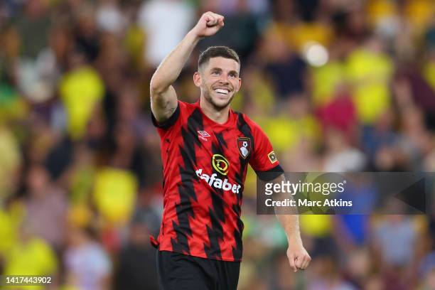 Ryan Christie of AFC Bournemouth celebrates scoring the winning goal in the penalty shootout in the Carabao Cup Second Round match between Norwich...