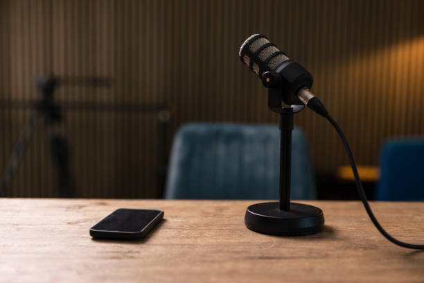 Microfon profesional pentru inregistrari audio, utilizat intr-un studio modern – solutie ideala pentru inchiriere echipamente podcast si productia de continut de calitate.