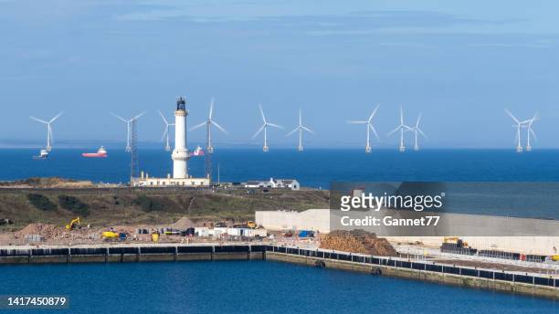 offshore wind turbines in aberdeen bay, scotland - grampian scotland stock pictures, royalty-free photos & images