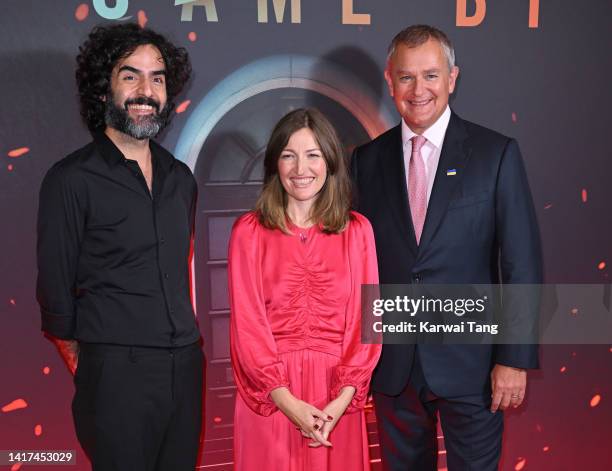 Director Babak Anvari, Kelly Macdonald and Hugh Bonneville attend the "I Came By" special screening at The Ham Yard Hotel on August 23, 2022 in...
