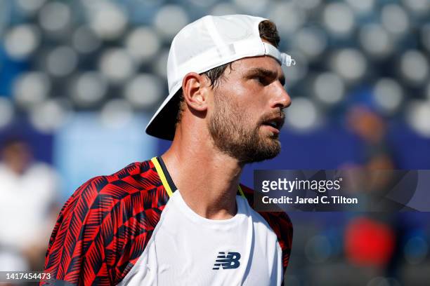 Maxime Cressy of United States looks on during the second round match against James Duckworth of Australia on day four of the Winston-Salem Open at...