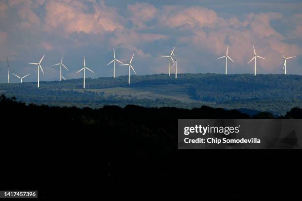 Turbines from the Mount Storm Wind Farm stand in the distance August 22, 2022 in Mount Storm, West Virginia. The wind farm includes 132 2-megawatt...