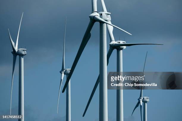 Turbines that are part of Constellation Energy's Criterion Wind Project stand along the ridge of Backbone Mountain on August 23, 2022 near Oakland,...