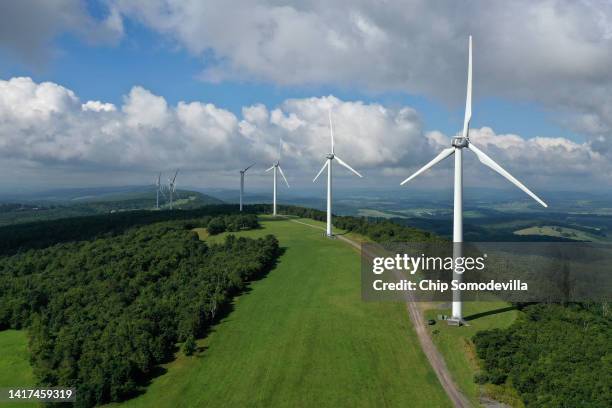 In an aerial view, turbines that are part of Constellation Energy's Criterion Wind Project stand along the ridge of Backbone Mountain on August 23,...