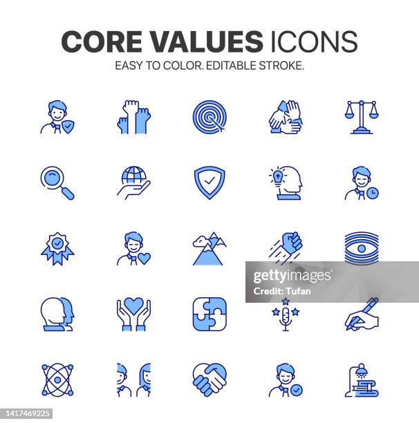 core values icon set, vision icon pack, easy to color, business and personal core values symbol collection - dedication stock illustrations