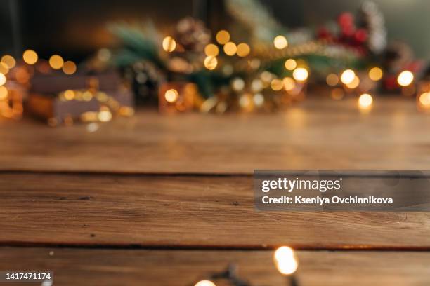 christmas background with fir tree and decoration on dark wooden board - julbord bildbanksfoton och bilder