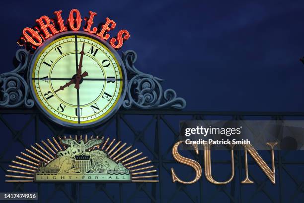 Detailed view of the Baltimore Orioles scoreboard featuring The Baltimore Sun newspaper logo is seen as the Chicago White Sox play against the...