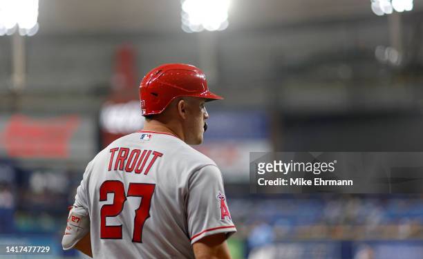 Mike Trout of the Los Angeles Angels looks on during a game against the Tampa Bay Rays at Tropicana Field on August 23, 2022 in St Petersburg,...