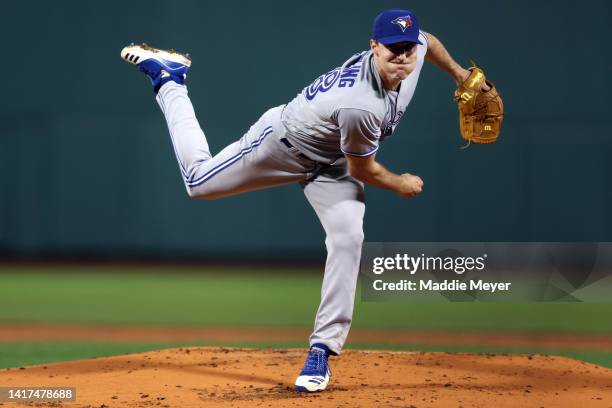 Ross Stripling of the Toronto Blue Jays throws against the Boston Red Sox during the first inning at Fenway Park on August 23, 2022 in Boston,...