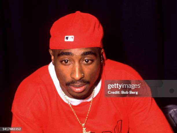 American rapper, songwriter, and actor Tupac Shakur , poses for a portrait during the 1994 Source Awards on April 25, 1994 at the Paramount Theatre...