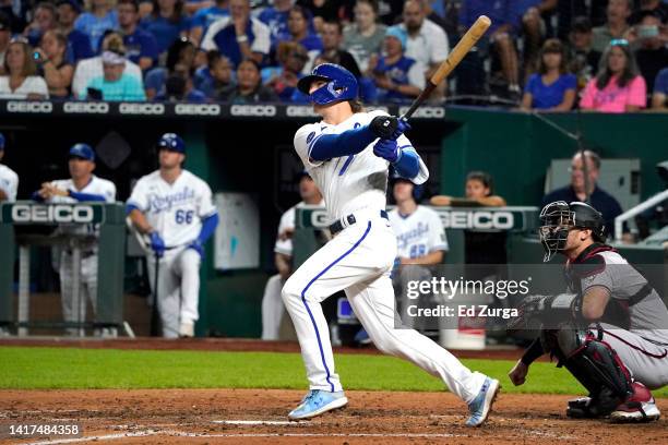 Bobby Witt Jr. #7 of the Kansas City Royals hits a home run in the fourth inning against the Arizona Diamondbacks at Kauffman Stadium on August 23,...