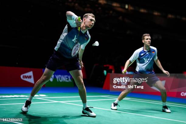 Mark Lamsfuss and Marvin Seidel of Germany compete in the Men's Doubles Second Round match against Christopher Grimley and Matthew Grimley of...