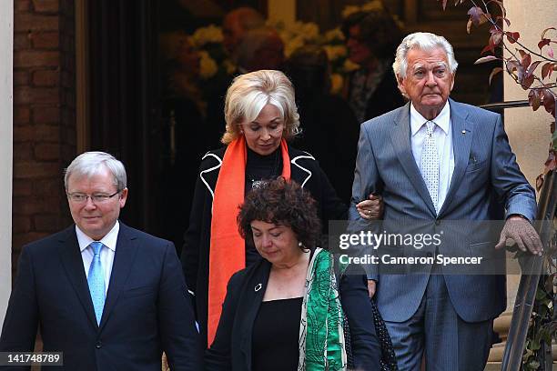 Former Prime Minister Kevin Rudd with wife Therese Rein and former Prime Minister Bob Hawke with wife Blanche d'Alpuget leave the memorial service...