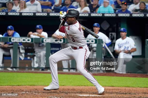 Geraldo Perdomo of the Arizona Diamondbacks hits an RBI double in the sixth inning against the Kansas City Royals at Kauffman Stadium on August 23,...