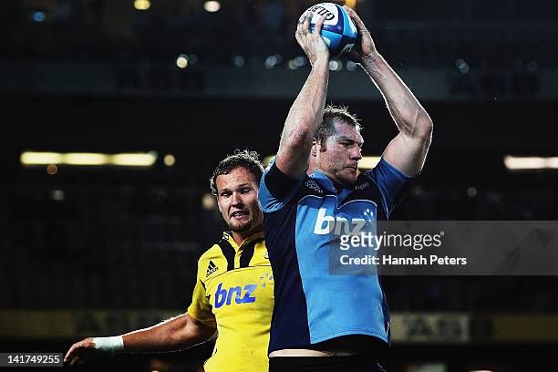 Ali Williams of the Blues wins lineout ball during the round five Super Rugby match between the Blues and the Hurricanes at Eden Park on March 23,...