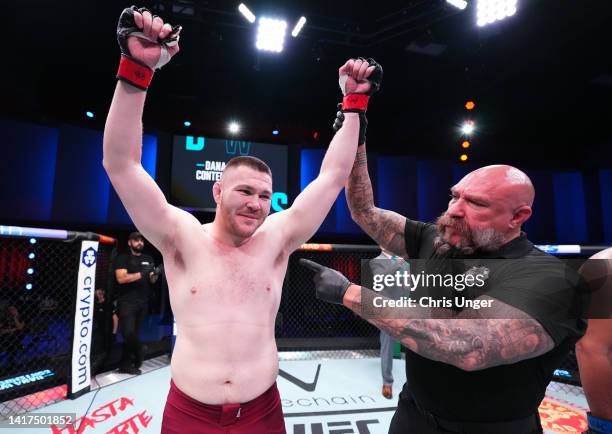 Mick Parkin of England reacts after his submission victory over Eduardo Neves of Brazil in a heavyweight fight during Dana White's Contender Series...