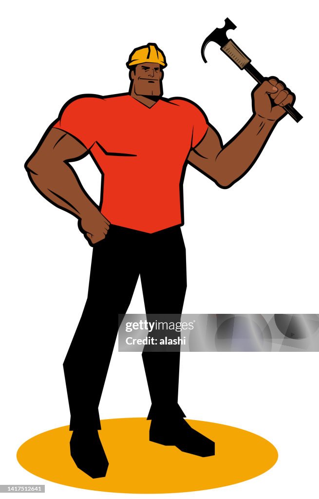 A strong worker with a hardhat smiles and stands with one fist on his hip and holds a claw hammer