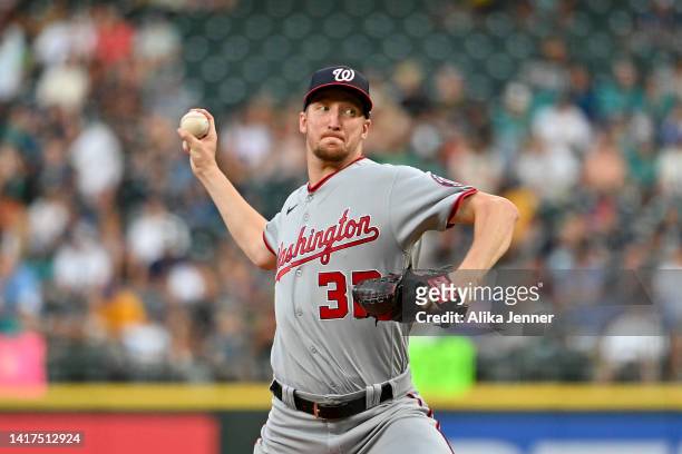 Erick Fedde of the Washington Nationals throws a pitch during the second inning against the Seattle Mariners at T-Mobile Park on August 23, 2022 in...