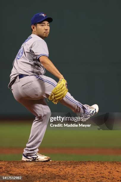 Yusei Kikuchi of the Toronto Blue Jays throws against the Boston Red Sox during the seventh inning at Fenway Park on August 23, 2022 in Boston,...