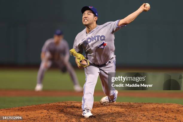 Yusei Kikuchi of the Toronto Blue Jays throws against the Boston Red Sox during the seventh inning at Fenway Park on August 23, 2022 in Boston,...