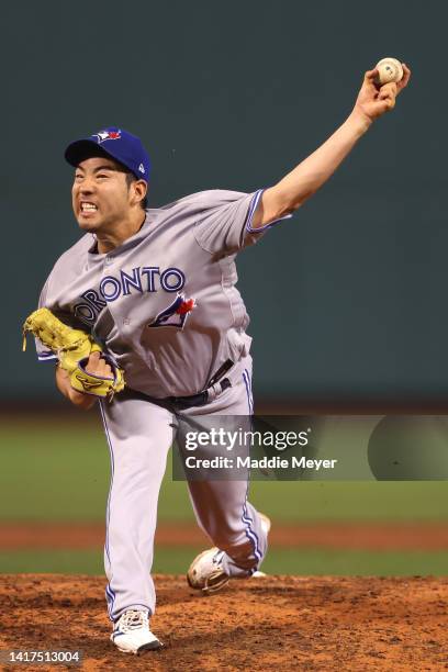 Yusei Kikuchi of the Toronto Blue Jays throws against the Boston Red Sox during the seventh inning at Fenway Park on August 23, 2022 in Boston,...