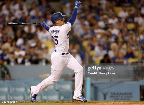 Trayce Thompson of the Los Angeles Dodgers hits a three run homerun, to take a 4-0 lead over the Milwaukee Brewers, during the second inning at...