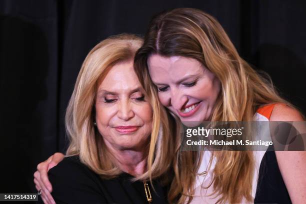 Rep. Carolyn Maloney is embraced by daughter Virginia Maloney at an election-night gathering at Peter Callahan Catering on August 23, 2022 in City....
