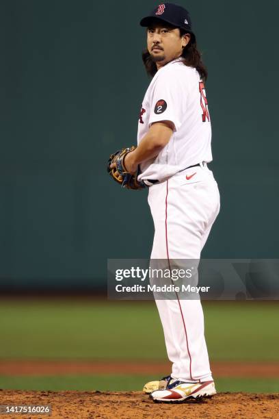 Hirokazu Sawamura of the Boston Red Sox throws against the Toronto Blue Jays during the seventh inning at Fenway Park on August 23, 2022 in Boston,...