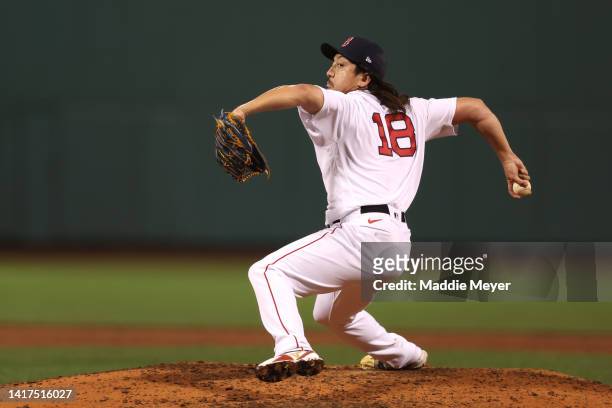 Hirokazu Sawamura of the Boston Red Sox throws against the Toronto Blue Jays during the seventh inning at Fenway Park on August 23, 2022 in Boston,...