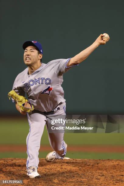 Yusei Kikuchi of the Toronto Blue Jays throws against the Boston Red Sox during the seventh inning at Fenway Park on August 23, 2022 in Boston,...
