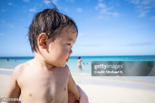 japanese little boy playing on the beach in hawaii - ハワイ stock-fotos und bilder