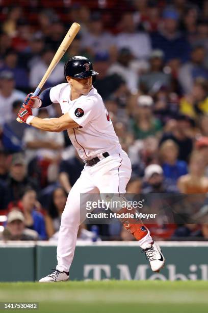 Rob Refsnyder of the Boston Red Sox at bat during the fourth inning against the Toronto Blue Jays at Fenway Park on August 23, 2022 in Boston,...