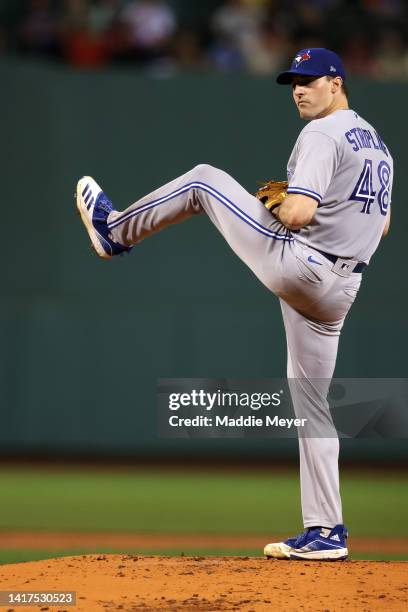 Starting pitcher Ross Stripling of the Toronto Blue Jays throws against the Boston Red Sox during the first inning at Fenway Park on August 23, 2022...