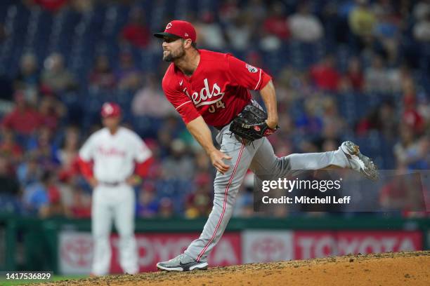 Hunter Strickland of the Cincinnati Reds throws a pitch against the Philadelphia Phillies at Citizens Bank Park on August 23, 2022 in Philadelphia,...