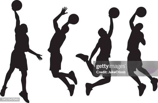 ilustraciones, imágenes clip art, dibujos animados e iconos de stock de jugador de baloncesto slamdunk silhouettes - cuatro personas