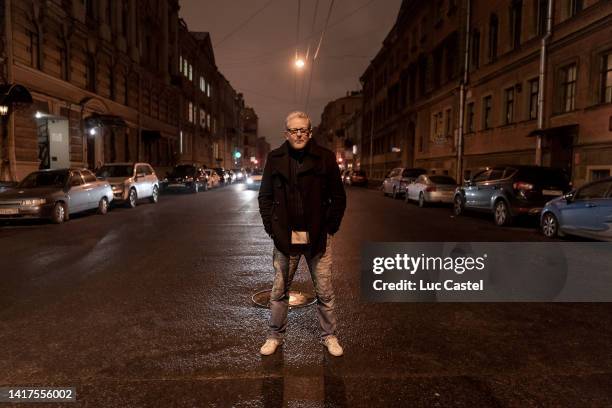 Belgian Artist Jan Fabre poses in the Streets of Saint Petersburg by Night on October 13, 2016 in Saint Petersburg, Russia.