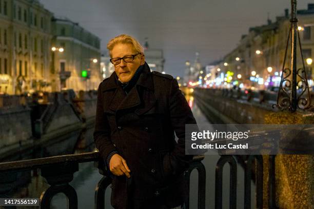Belgian Artist Jan Fabre poses in the Streets of Saint Petersburg by Night on October 13, 2016 in Saint Petersburg, Russia.