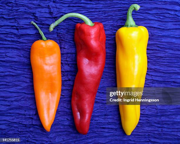 three sweet peppers in row - ingrid henningsson stock pictures, royalty-free photos & images