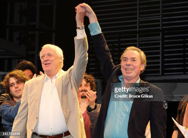 Lyricist Tim Rice and Composer Andrew Lloyd Webber take the opening night curtain call for "Jesus Christ Superstar" on Broadway at The Neil Simon...
