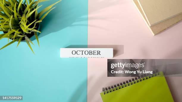 month of october word block with books and copyspace - today single word stock pictures, royalty-free photos & images