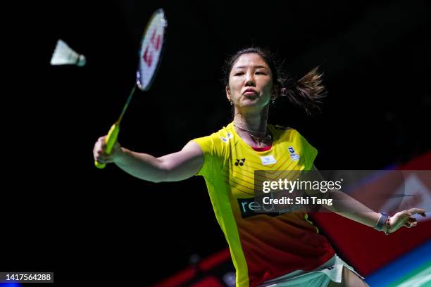 Soniia Cheah of Malaysia competes in the Women's Singles Second Round match against Chen Yufei of China on day three of the BWF World Championships...