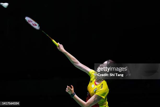 Soniia Cheah of Malaysia competes in the Women's Singles Second Round match against Chen Yufei of China on day three of the BWF World Championships...