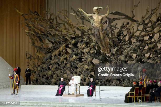 Pope Francis attends his weekly general audience at the Paul VI Hall on August 24, 2022 in Vatican City, Vatican. Pope Francis will preside a...