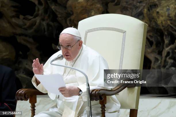 Pope Francis attends his weekly general audience at the Paul VI Hall on August 24, 2022 in Vatican City, Vatican. Pope Francis will preside a...