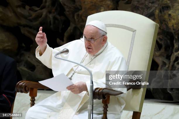 Pope Francis attends his weekly general audience at the Paul VI Hall on August 24, 2022 in Vatican City, Vatican. Pope Francis will preside a...