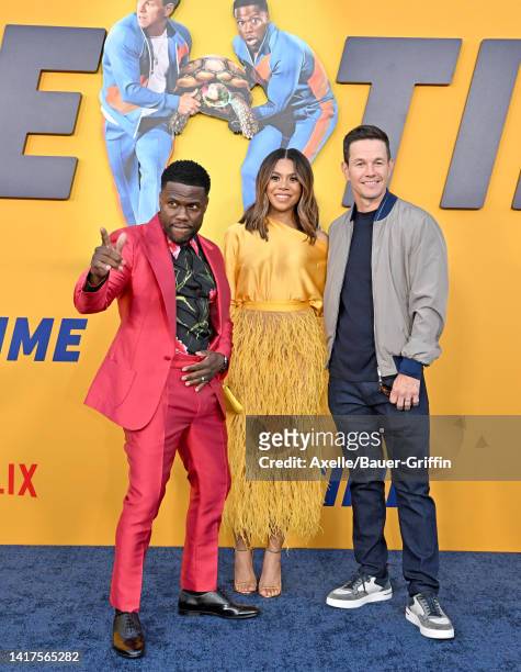 Kevin Hart, Regina Hall and Mark Wahlberg attend the Los Angeles Premiere of Netflix's "Me Time" at Regency Village Theatre on August 23, 2022 in Los...